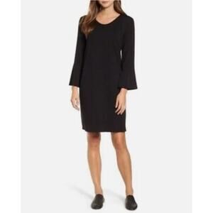 NWT Eileen Fisher Black Scoop Neck Bracelet Bell Sleeve Jersey Shift Dress Sz XS